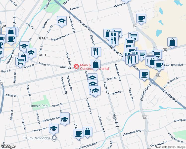 map of restaurants, bars, coffee shops, grocery stores, and more near 4 Lowell Street South in Cambridge