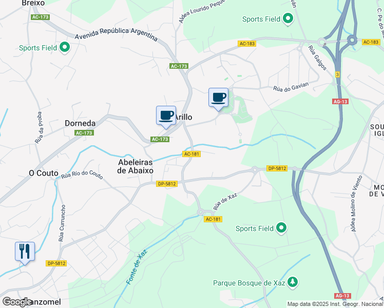 map of restaurants, bars, coffee shops, grocery stores, and more near Rúa de Abeleiras in A Coruña