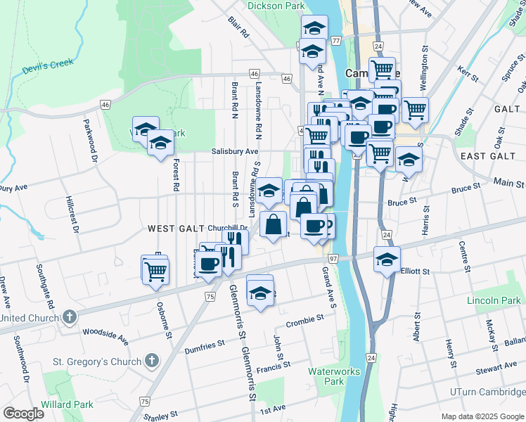 map of restaurants, bars, coffee shops, grocery stores, and more near 74 Saint Andrews Street in Cambridge