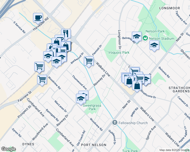 map of restaurants, bars, coffee shops, grocery stores, and more near 599 Braemore Road in Burlington