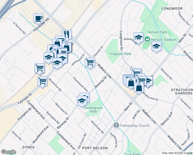 map of restaurants, bars, coffee shops, grocery stores, and more near 599 Braemore Road in Burlington