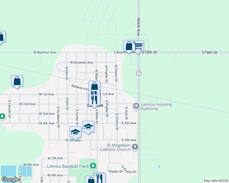 map of restaurants, bars, coffee shops, grocery stores, and more near 101 North Cherry Street in Lennox