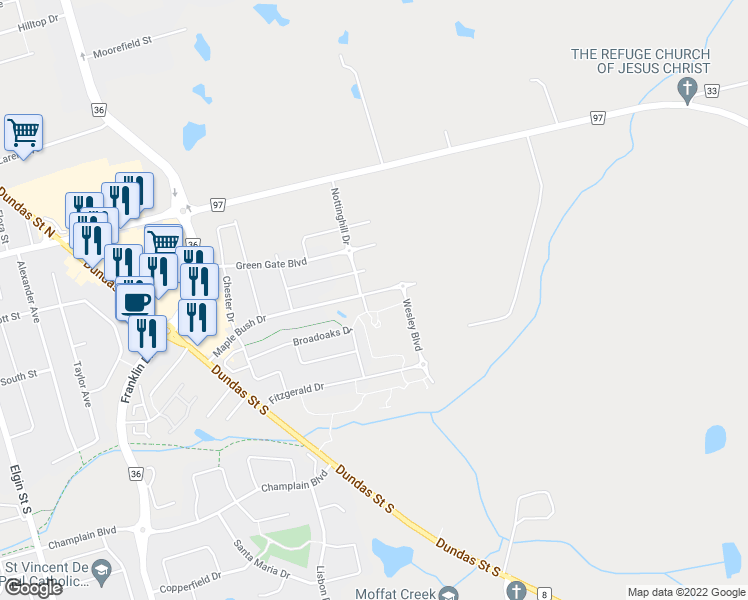 map of restaurants, bars, coffee shops, grocery stores, and more near 196 Maple Bush Drive in Cambridge