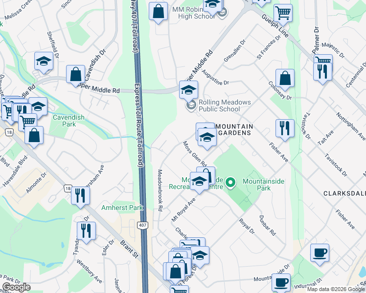 map of restaurants, bars, coffee shops, grocery stores, and more near 1506 Moss Glen Court in Burlington