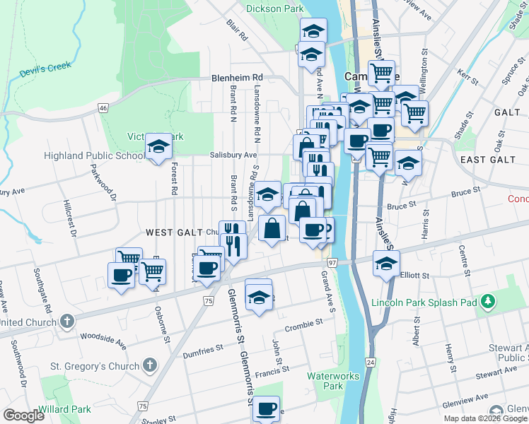 map of restaurants, bars, coffee shops, grocery stores, and more near 66 Saint Andrews Street in Cambridge