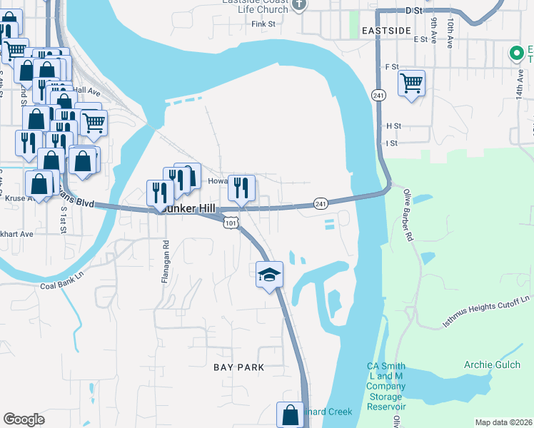 map of restaurants, bars, coffee shops, grocery stores, and more near 93785 Newport Lane in Coos Bay