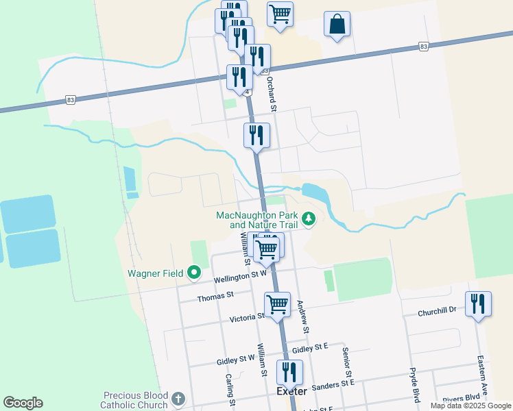 map of restaurants, bars, coffee shops, grocery stores, and more near 34 Church Street in Exeter