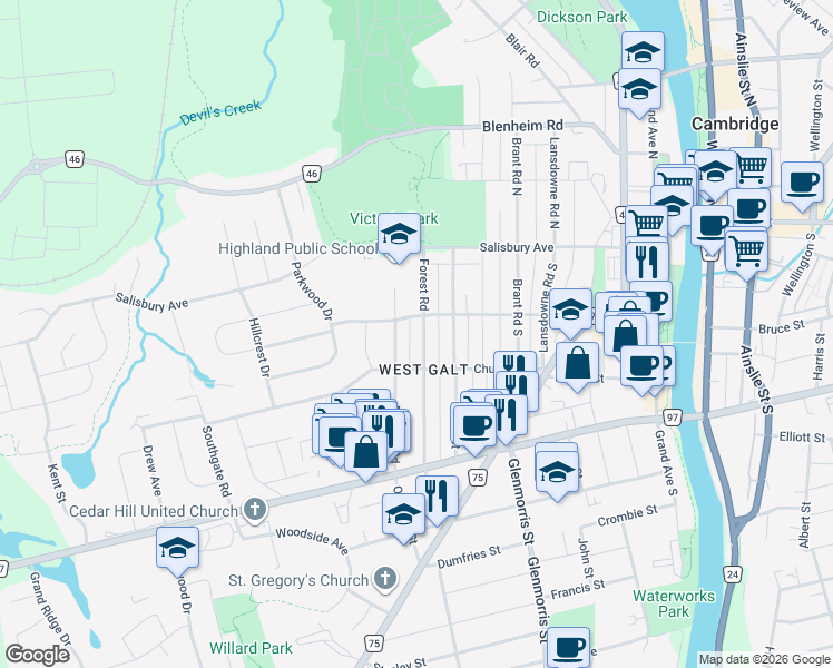 map of restaurants, bars, coffee shops, grocery stores, and more near in Cambridge