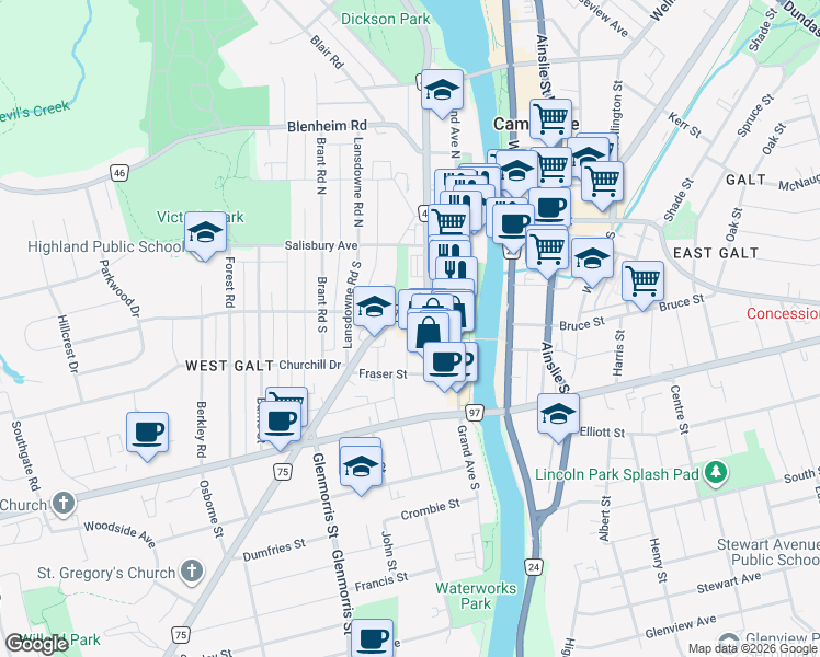 map of restaurants, bars, coffee shops, grocery stores, and more near 15 Glebe Street in Cambridge