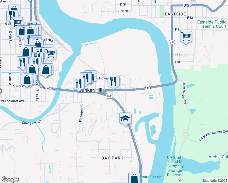 map of restaurants, bars, coffee shops, grocery stores, and more near 63721 Edward Road in Coos Bay
