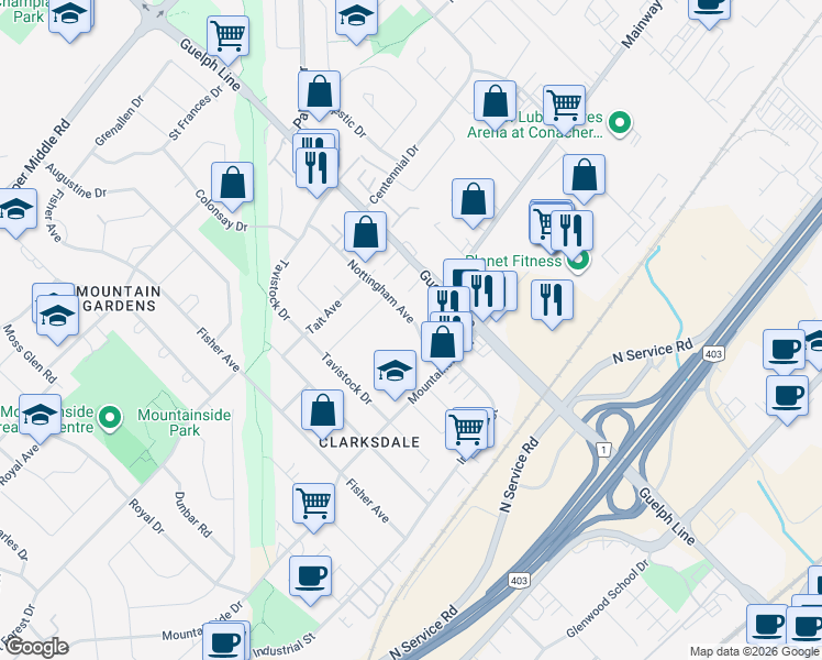 map of restaurants, bars, coffee shops, grocery stores, and more near 1214 Nottingham Avenue in Burlington