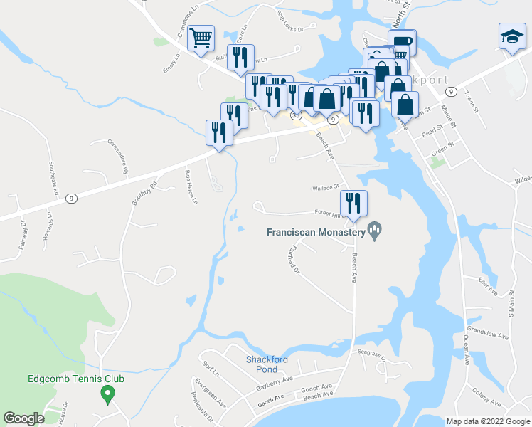 map of restaurants, bars, coffee shops, grocery stores, and more near 3 Forest Hill Lane in Kennebunk