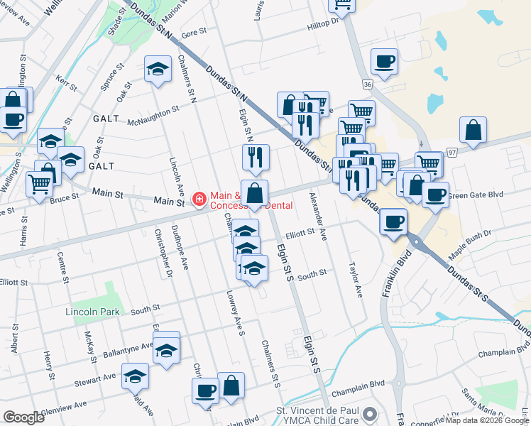 map of restaurants, bars, coffee shops, grocery stores, and more near 6 Elgin Street South in Cambridge