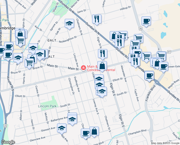 map of restaurants, bars, coffee shops, grocery stores, and more near 269 Main Street in Cambridge
