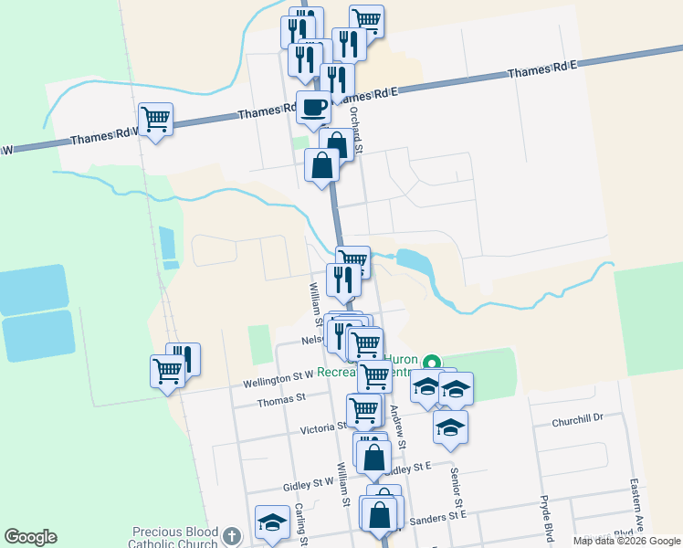 map of restaurants, bars, coffee shops, grocery stores, and more near 34 Church Street in Exeter