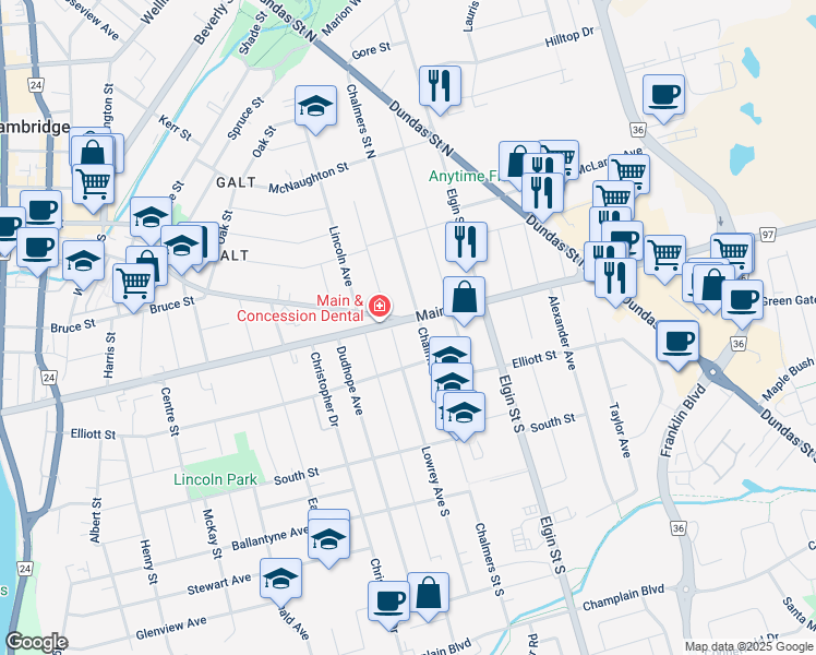 map of restaurants, bars, coffee shops, grocery stores, and more near 269 Main Street in Cambridge
