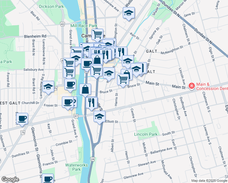 map of restaurants, bars, coffee shops, grocery stores, and more near 31 Bruce Street in Cambridge
