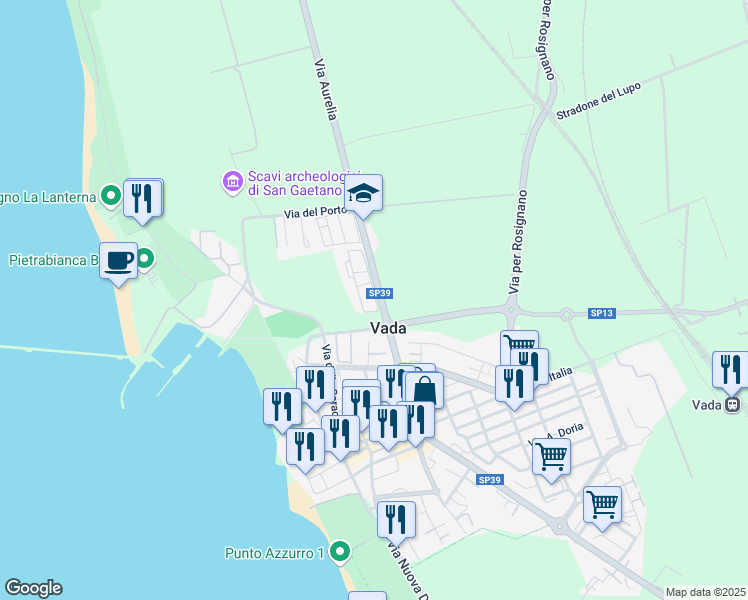 map of restaurants, bars, coffee shops, grocery stores, and more near 2A Via Giordano Bruno in Vada