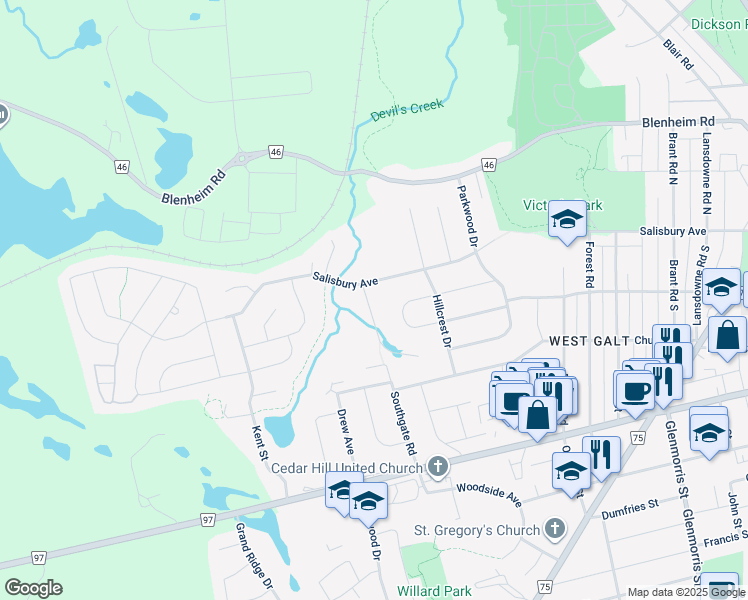 map of restaurants, bars, coffee shops, grocery stores, and more near 81 Southgate Road in Cambridge