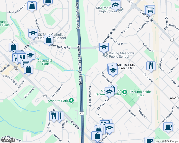 map of restaurants, bars, coffee shops, grocery stores, and more near 1567 Westminster Place in Burlington
