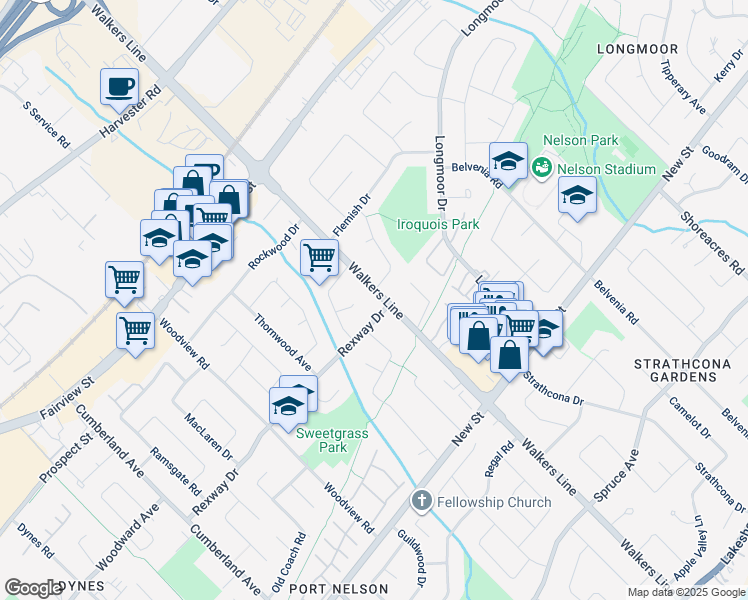 map of restaurants, bars, coffee shops, grocery stores, and more near 584 Walkers Line in Burlington