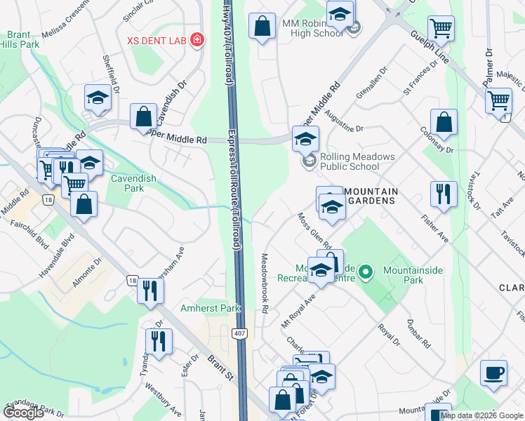 map of restaurants, bars, coffee shops, grocery stores, and more near 1567 Westminster Place in Burlington