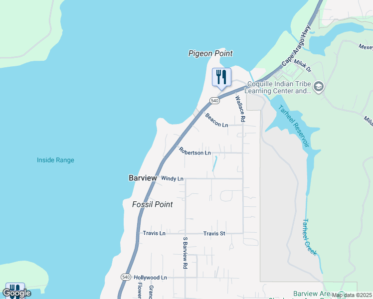map of restaurants, bars, coffee shops, grocery stores, and more near 90845 Robertson Lane in Coos Bay
