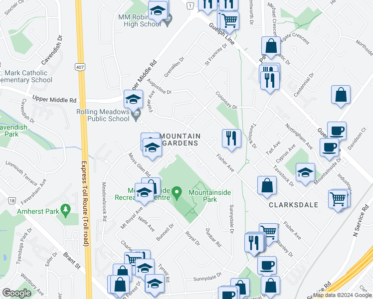 map of restaurants, bars, coffee shops, grocery stores, and more near 1410 Mountain Grove Avenue in Burlington