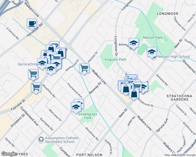 map of restaurants, bars, coffee shops, grocery stores, and more near 588 Walkers Line in Burlington