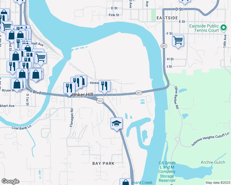 map of restaurants, bars, coffee shops, grocery stores, and more near 93785 Newport Lane in Coos Bay
