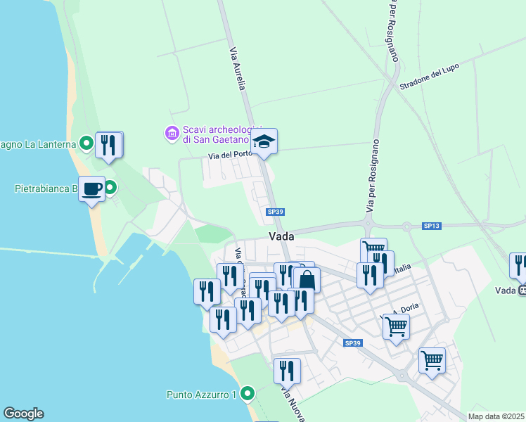 map of restaurants, bars, coffee shops, grocery stores, and more near 2A Via Giordano Bruno in Vada