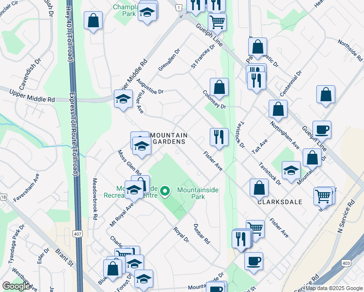 map of restaurants, bars, coffee shops, grocery stores, and more near 1399 Mountain Grove Avenue in Burlington