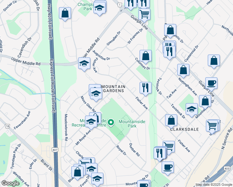 map of restaurants, bars, coffee shops, grocery stores, and more near 1399 Mountain Grove Avenue in Burlington
