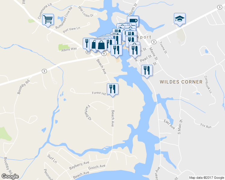 map of restaurants, bars, coffee shops, grocery stores, and more near 27 Beach Avenue in Kennebunk