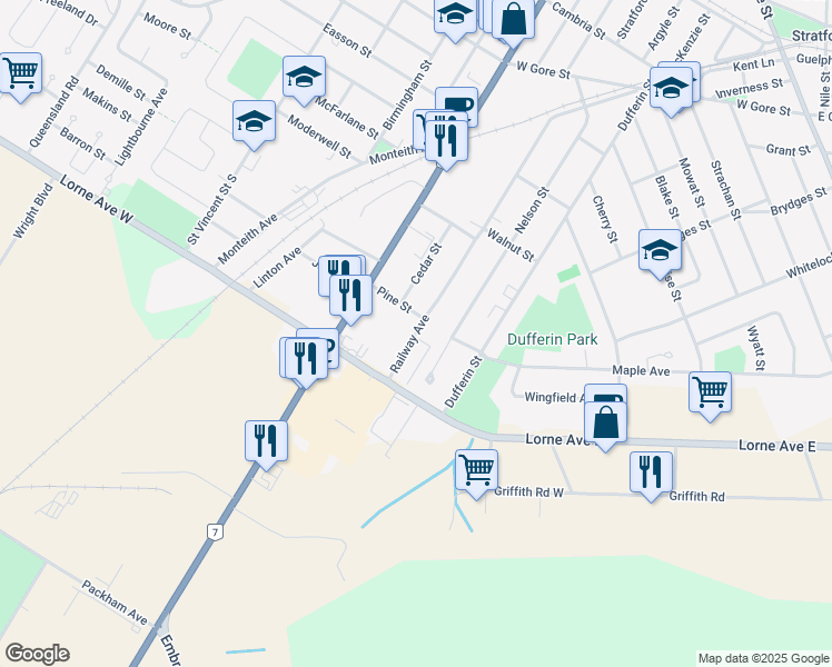 map of restaurants, bars, coffee shops, grocery stores, and more near 349 Railway Avenue in Stratford