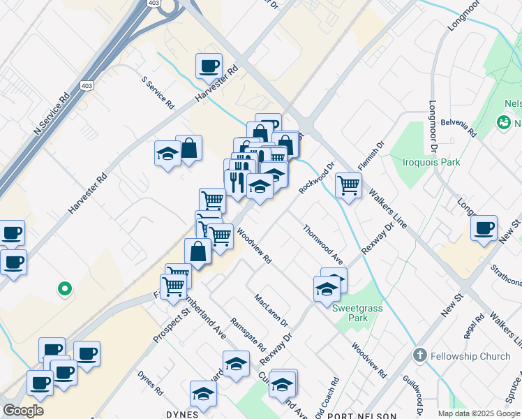 map of restaurants, bars, coffee shops, grocery stores, and more near 3430 Fairview Street in Burlington