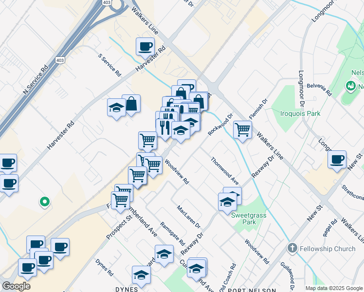 map of restaurants, bars, coffee shops, grocery stores, and more near 3430 Fairview Street in Burlington