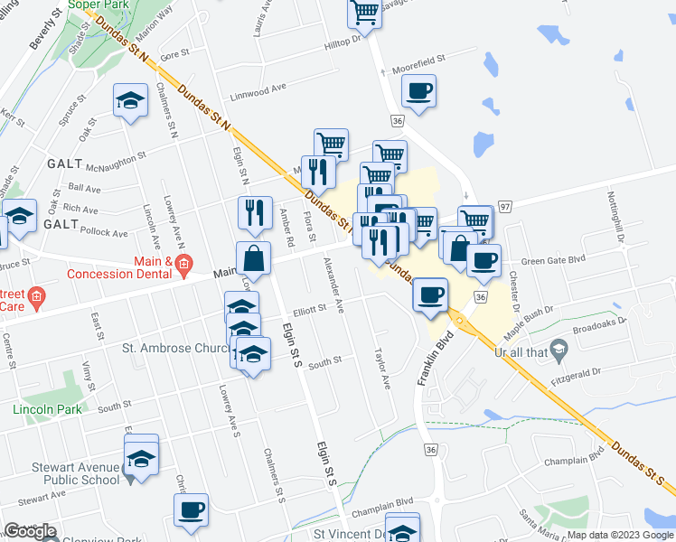 map of restaurants, bars, coffee shops, grocery stores, and more near 5 Alexander Avenue in Cambridge