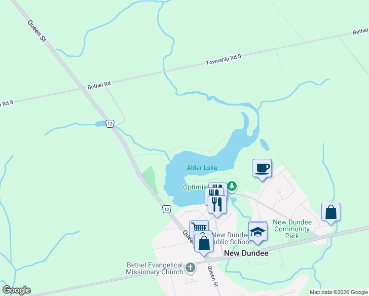 map of restaurants, bars, coffee shops, grocery stores, and more near 1323 Queen Street in New Dundee