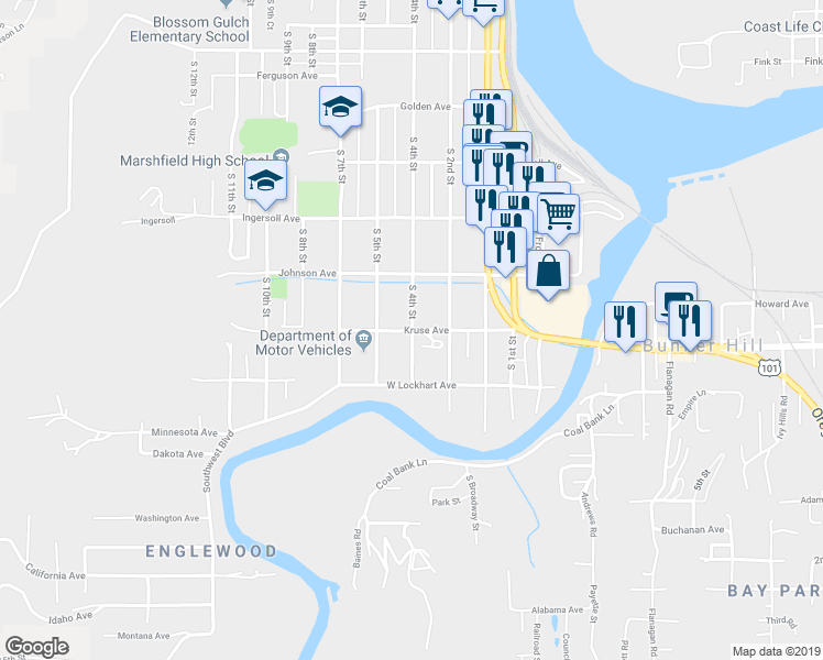 map of restaurants, bars, coffee shops, grocery stores, and more near 1099 South 4th Street in Coos Bay