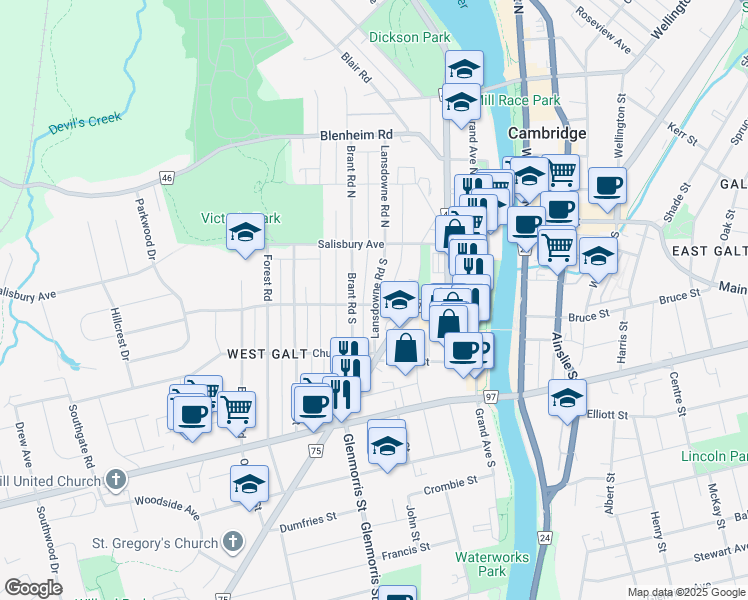 map of restaurants, bars, coffee shops, grocery stores, and more near Lansdowne Road South in Cambridge