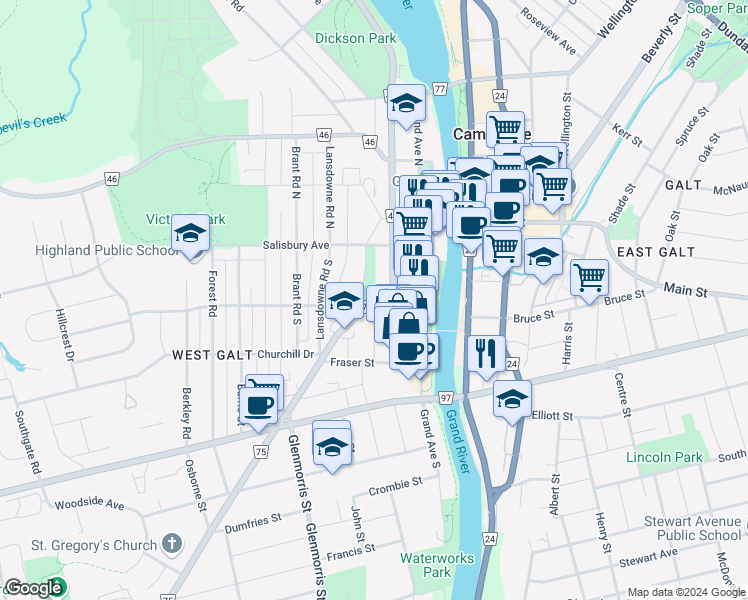 map of restaurants, bars, coffee shops, grocery stores, and more near 30 Glebe Street in Cambridge