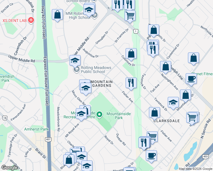 map of restaurants, bars, coffee shops, grocery stores, and more near 1399 Mountain Grove Avenue in Burlington