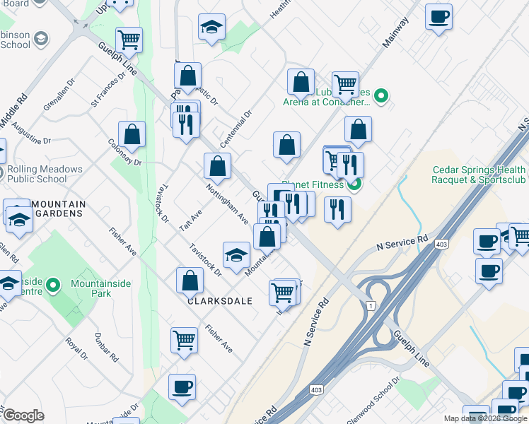 map of restaurants, bars, coffee shops, grocery stores, and more near 1200 Guelph Line in Burlington