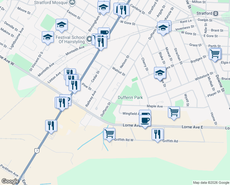 map of restaurants, bars, coffee shops, grocery stores, and more near 286 Dufferin Street in Stratford