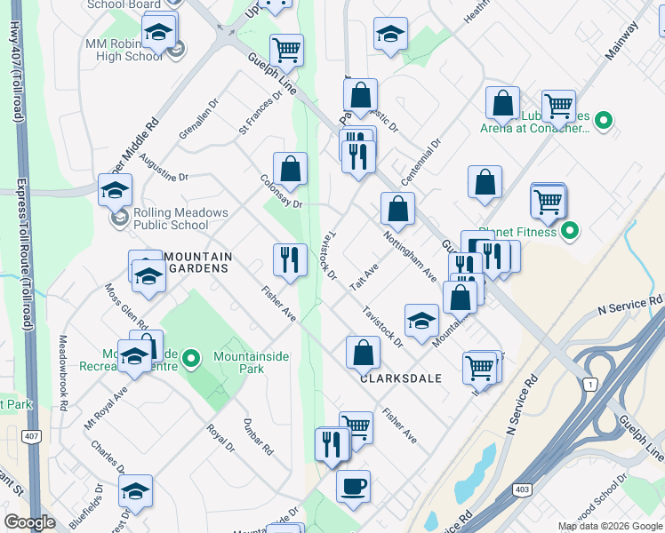 map of restaurants, bars, coffee shops, grocery stores, and more near 1313 Tavistock Drive in Burlington