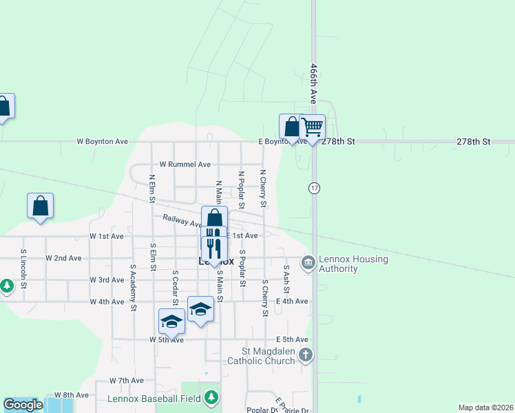 map of restaurants, bars, coffee shops, grocery stores, and more near 101 North Cherry Street in Lennox
