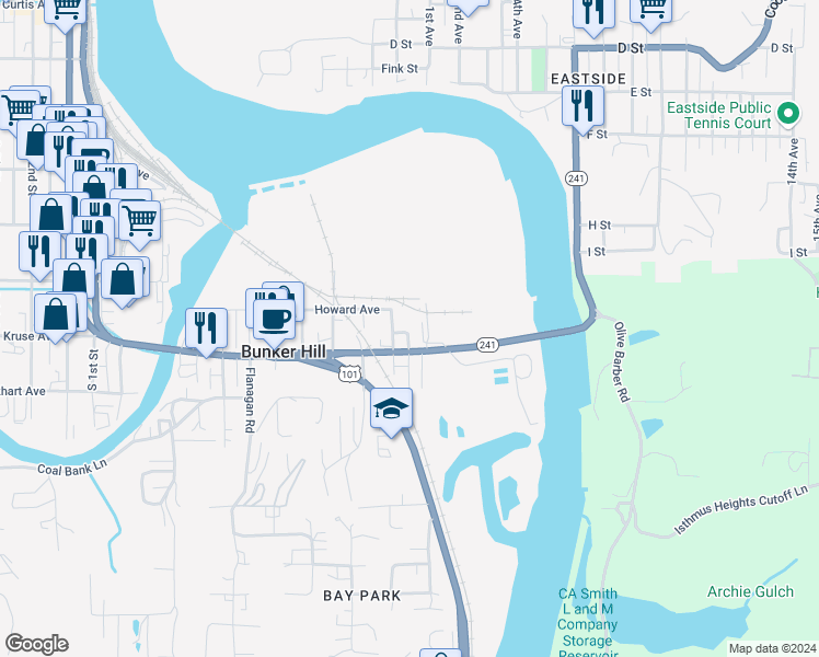 map of restaurants, bars, coffee shops, grocery stores, and more near 93785 Newport Lane in Coos Bay