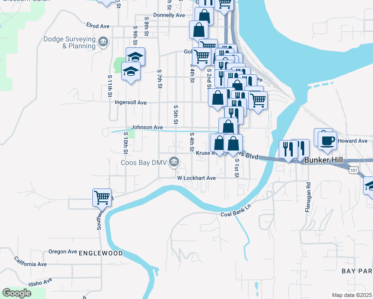 map of restaurants, bars, coffee shops, grocery stores, and more near 1099 South 4th Street in Coos Bay
