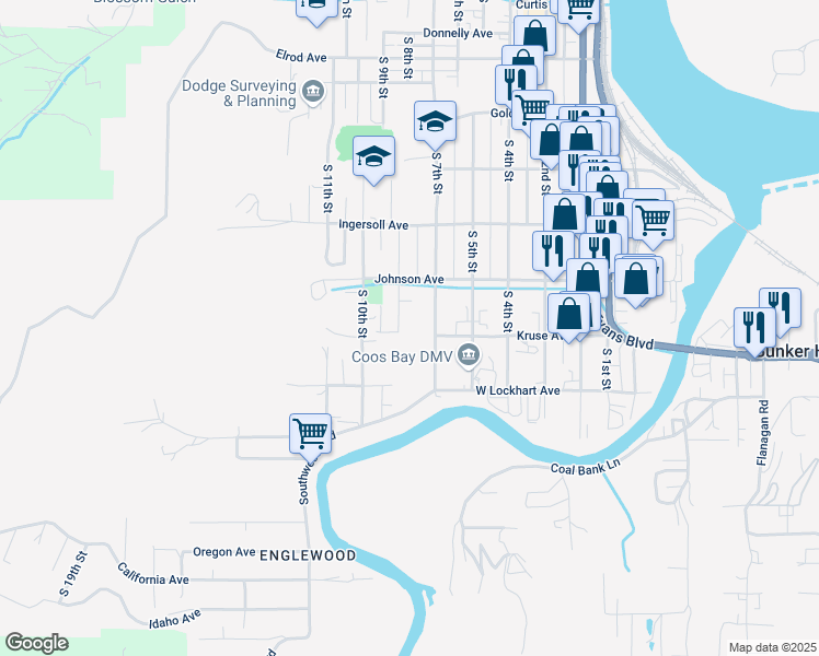map of restaurants, bars, coffee shops, grocery stores, and more near 1095 South 7th Street in Coos Bay